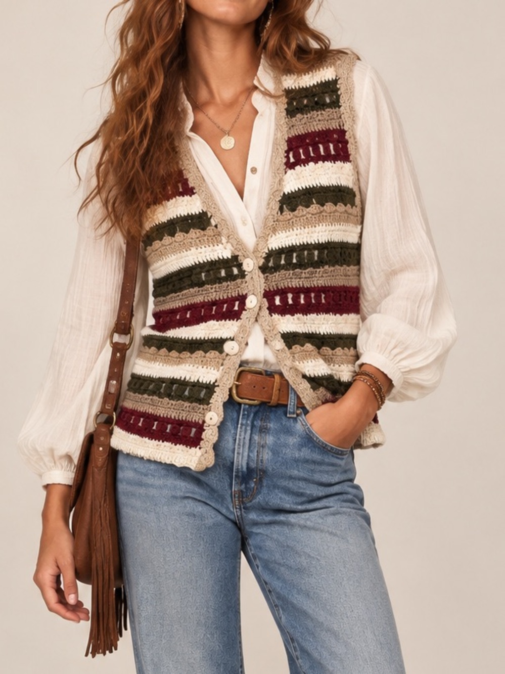 Vintage Huntington Ridge Hand Crochet Sweater Vest M Earth Tone Boho striped